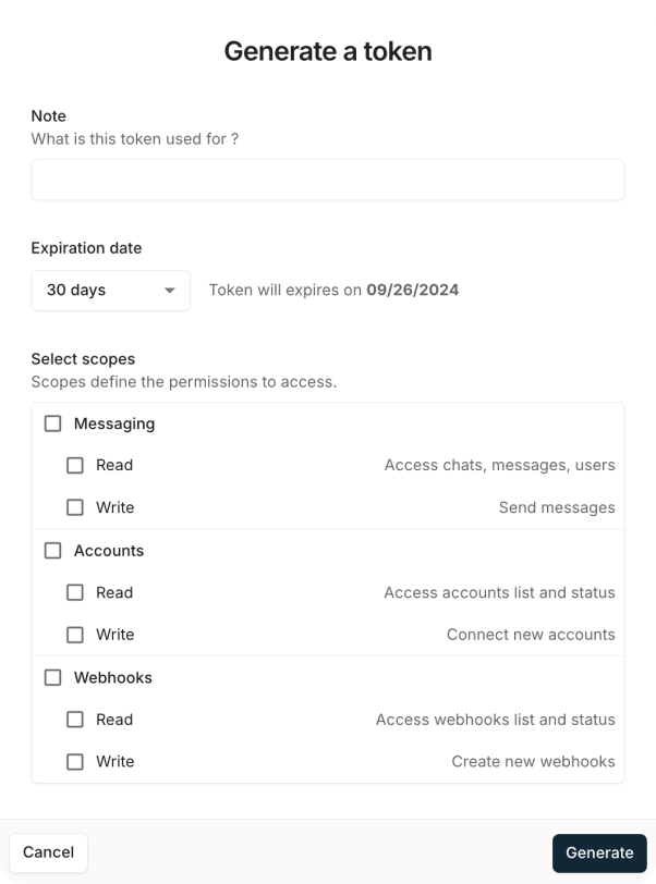 Générer des jetons d'accès avec des autorisations délimitées Interface de formulaire pour générer un jeton d'accès avec des autorisations et des paramètres d'expiration