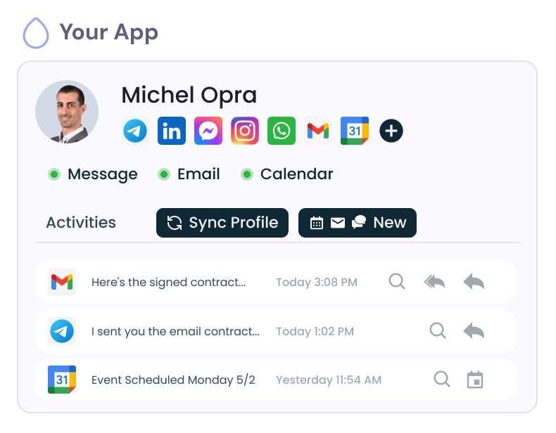 Unified inbox displaying email, calendar, and messaging activity via Unipile API