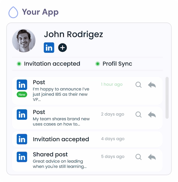 LinkedIn-Aktivitäts-Feed, der Beiträge, Freigaben und Verbindungsereignisse für ein Benutzerprofil anzeigt.