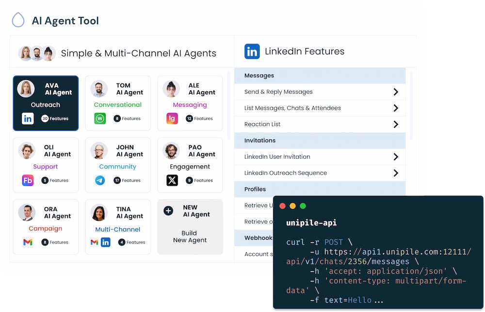 Narzędzie agenta AI z LinkedIn, WhatsApp, Instagramem, Gmailem i wielokanałową automatyzacją