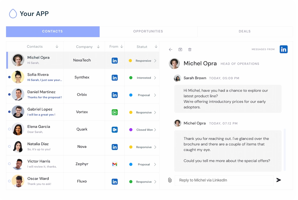 CRM unified inbox showing LinkedIn, Email, and WhatsApp conversations in one view