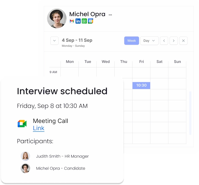 Planen und verfolgen Sie Interviews direkt von Ihrem ATS aus ATS-Kalenderansicht, die ein geplantes Vorstellungsgespräch mit Google Meet-Integration anzeigt