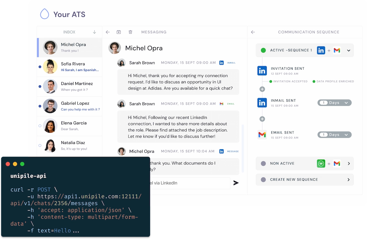 Mensagens unificadas e visualização da sequência de alcance em um ATS usando a API do Unipile