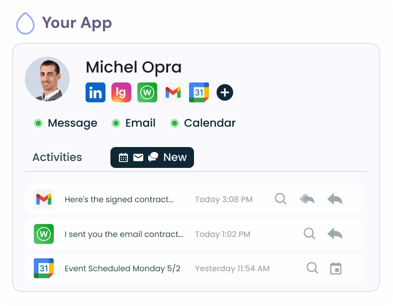 Michel Opra'nın Gmail, WhatsApp ve Google Takvim etkinliklerini gösteren birleşik gelen kutusu